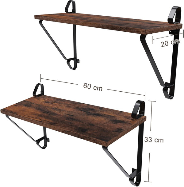 VASAGLE Rafturi de perete suspendate, set 2 bucati, 60x20x33cm, stil industrial, maro rustic si negru
