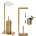 Stand cu perie WC si suport hartie igienica, metal si bambus, 67cm, auriu