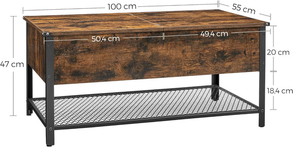 VASAGLE Masuta de cafea cu capac rabatabil, compartiment depozitare ascuns si raft plasa, industrial, 100x55x47cm, maro rustic si negru