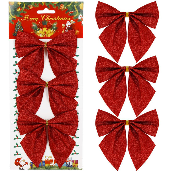 Set 3 ornamente pentru bradul de Craciun, fundita, 11cm, rosu