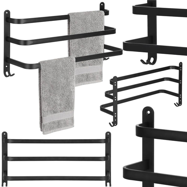 Suport prosoape pentru baie cu 2 sisteme de instalare, 3 brate, din aluminiu, 49x25cm, negru