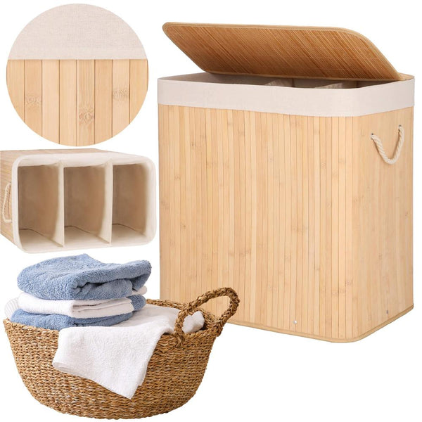 Cos de rufe din bambus, pliabil, cu captuseala detasabila lavabila, 3 compartimente, 150L, 63x42x62cm, maro