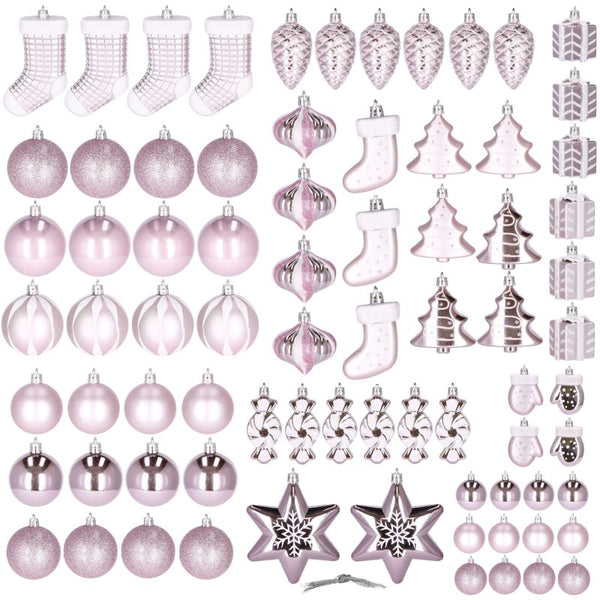 Set globuri si decoratiuni de Craciun, 77 piese, diverse dimensiuni, roz