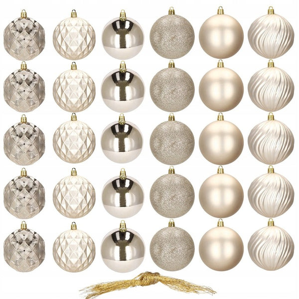 Set globuri de Craciun, 30 bucati, 6 modele, 8cm, auriu