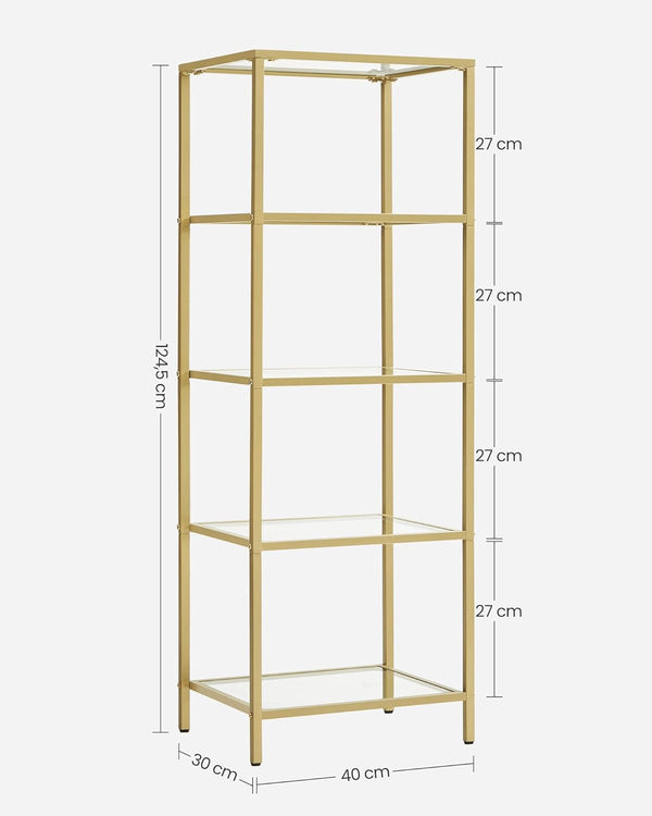 VASAGLE Raft cu trepte pentru dormitor, 5 etaje, din sticla securizata, cadru din otel, 30x124x40cm, auriu