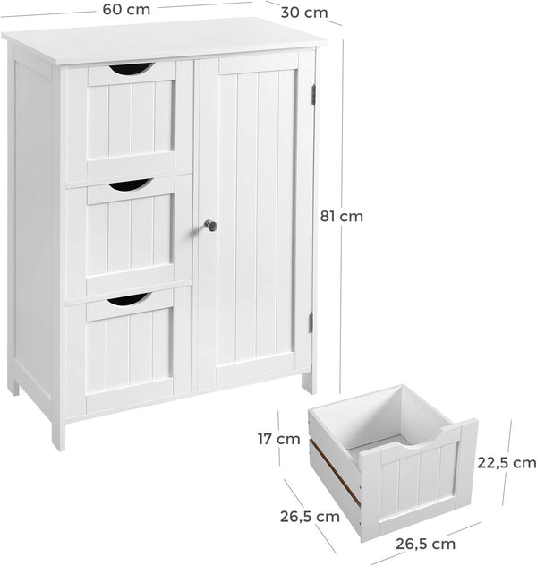 VASAGLE Dulap pentru baie, cu 3 sertare si un raft reglabil cu usa, 60x30x81 cm, alb