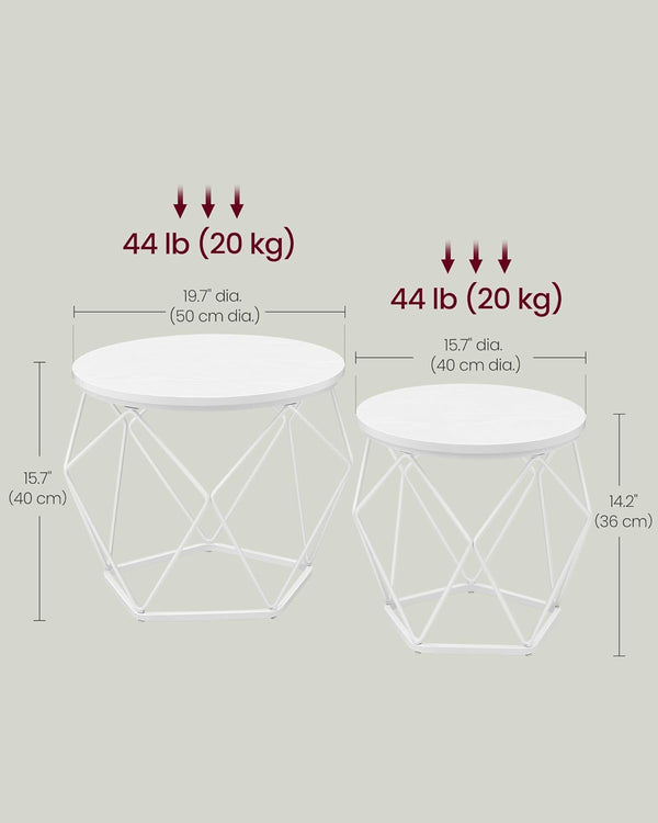 VASAGLE Set de 2 mese de cafea rotunde, cadru otel si blat detasabil, 40cm si 50cm, alb