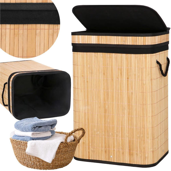Cos de rufe din bambus cu capac, sac detasabil, volum 72L, 42x33x60cm, maro