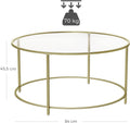 VASAGLE Masa de cafea rotunda, din sticla securizata cu cadru metalic, 84x84x45cm, auriu