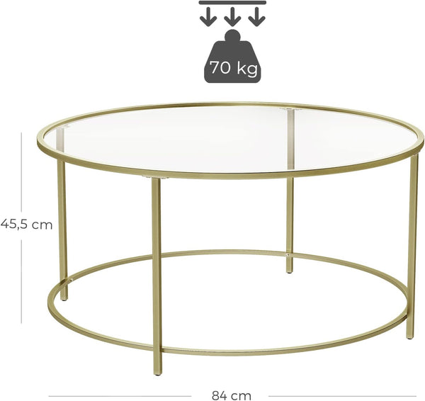 VASAGLE Masa de cafea rotunda, din sticla securizata cu cadru metalic, 84x84x45cm, auriu