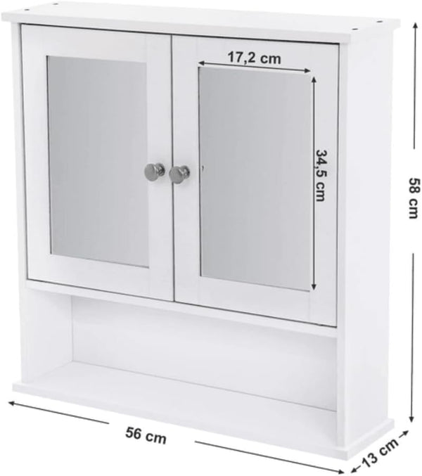 VASAGLE Dulap de baie de perete cu oglinda, 2 usi, compartiment deschis, rafturi reglabile, 13x56x58cm, alb