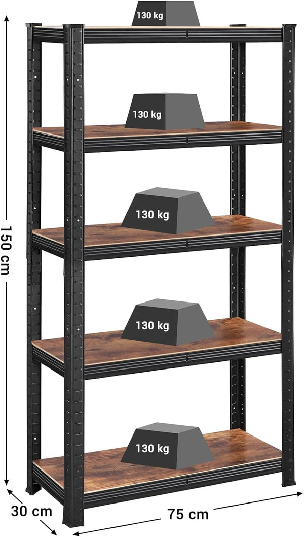 SONGMICS Raft cadru metalic modular pentru depozitare, 5 polite, 150x75x30cm, sarcina 650 kg, maro rustic