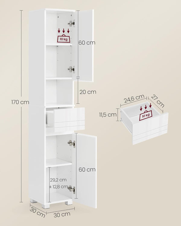 VASAGLE Dulap de baie tip coloana, din MDF, cu sertar si 2 usi, 30x30x170cm, alb