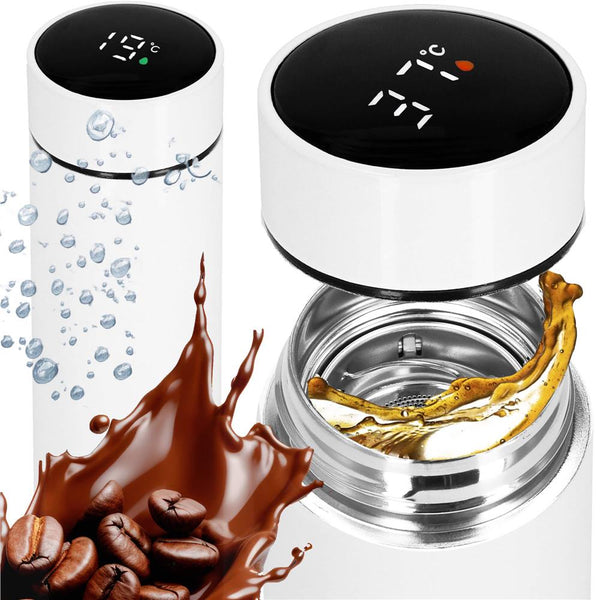 Cana termos Smart, inox, display LED, afisare temperatura, 500ml, 23cm, alb