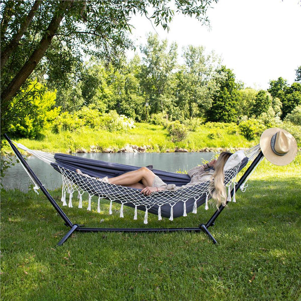 Hamac doua persoane cu franjuri si 2 perne, 200kg, 200×150 cm, gri inchis