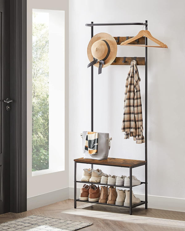 VASAGLE Cuier cu rafturi depozitare pantofi si ​​bara suspendata, industrial, 32x64x180 cm, maro rustic si negru