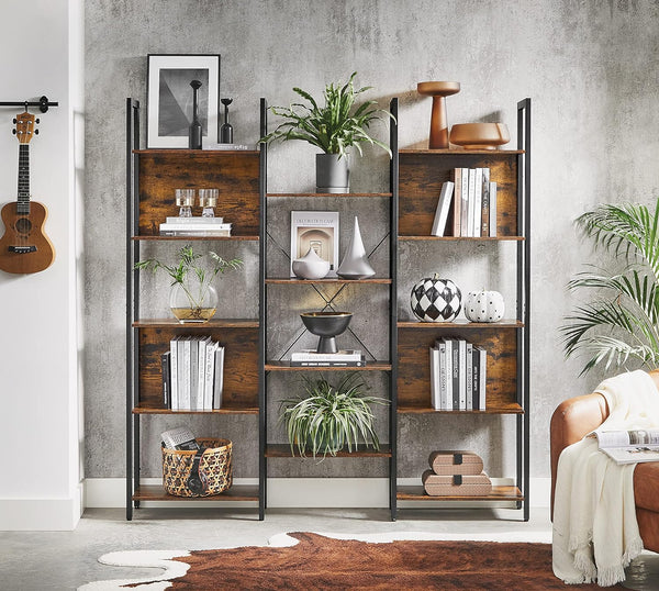 VASAGLE Biblioteca cu 14 rafturi din lemn, cadru metalic, 24x158x166cm, stil industrial, maro rustic si negru