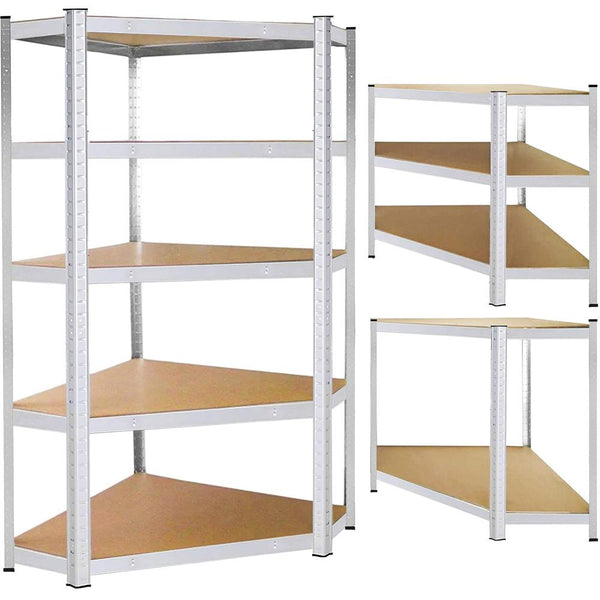 Raft de colt cu cadru metalic modular pentru depozitare, 5 polite, 180x90x40cm, sarcina 875kg