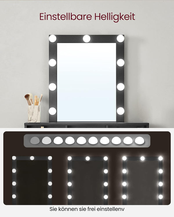 VASAGLE Masa de toaleta cu iluminare LED, cu oglinda, luminozitate reglabila, cu 2 sertare, 80x40x145cm, negru