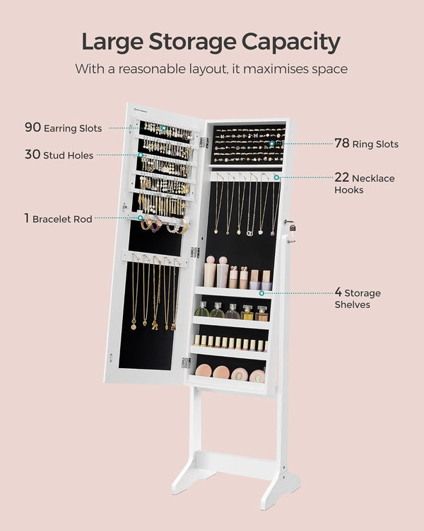 SONGMICS Oglinda de podea cu suport, din MDF, spatiu de depozitare, 41x37x152 cm, alb