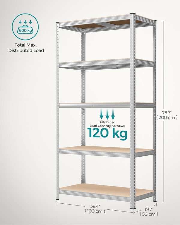 SONGMICS Raft de depozitare metalic, cu rafturi din MDF, 5 polite, max. 600 kg, 200x100x50cm, argintiu