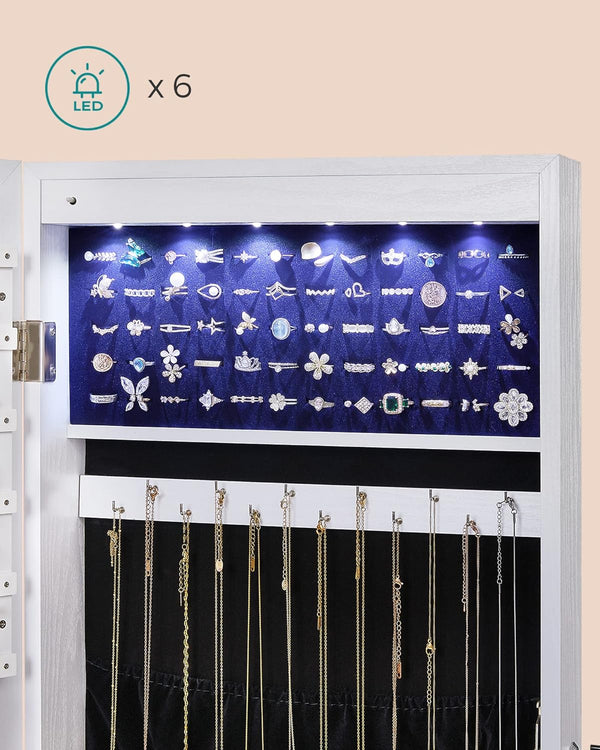 SONGMICS Dulap de bijuterii cu oglinda, montare pe perete, lumini LED, 37x10x120cm, alb