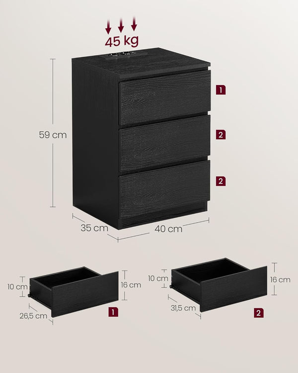 VASAGLE Set de 2 noptiere, cu sertare, 2 prize si 2 USB, 35x40x59 cm, negru