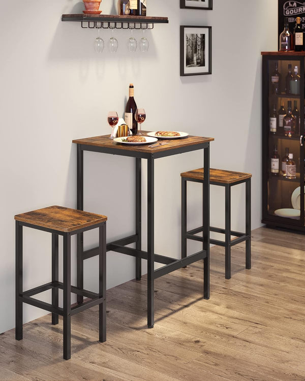 VASAGLE Set masa si scaune de bar, masa 60x60x90cm si 2 scaune 30x40x65cm, stil industrial, maro rustic