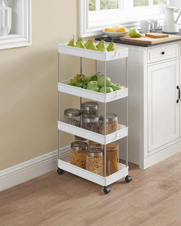 SONGMICS Carucior de depozitare mobil cu roti, pe 4 niveluri, 40x22x87 cm, alb