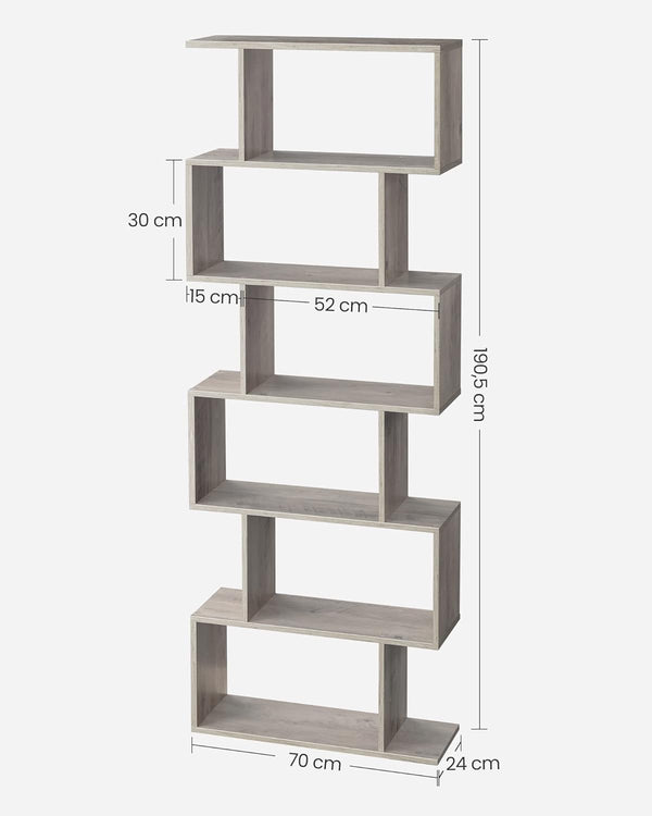 VASAGLE Biblioteca, raft cu 6 unitati de depozitare, pentru living, din lemn, 24x190x70cm, gri stejar