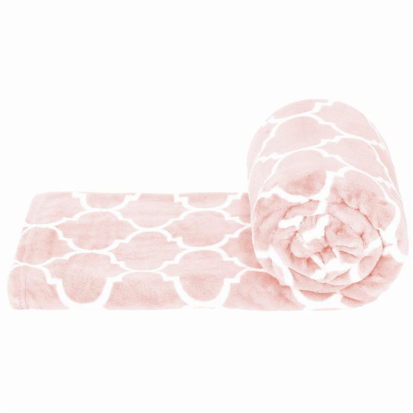 Patura pufoasa pentru 2 persoane, 200x220cm, cu model trifoi marocan, roz
