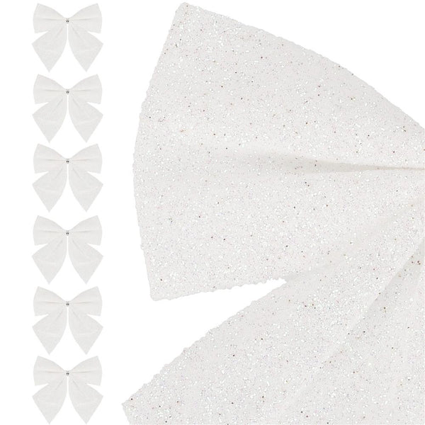 Set 6 ornamente pentru bradul de Craciun, fundita, 8cm, alb
