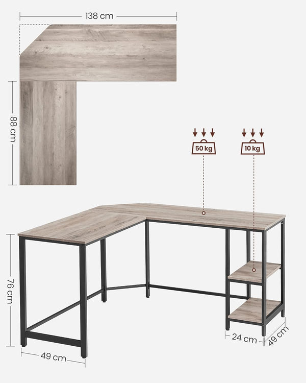 VASAGLE Birou de colt in forma de L, cu 2 rafturi de depozitare, 138x138x75cm, industrial, gri si negru