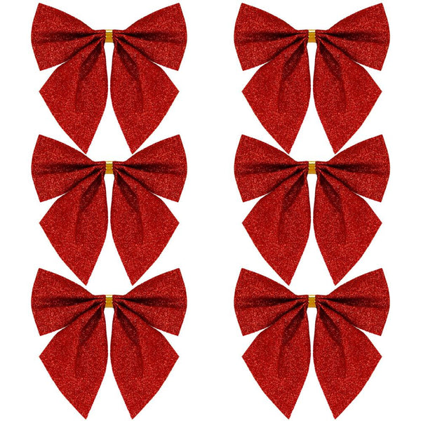 Set 6 ornamente pentru bradul de Craciun, fundita, 8cm, rosu cu sclipici