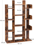 VASAGLE Biblioteca stil arbore, cu 13 rafturi de depozitare, colturi rotunjite, 86x25x140cm, maro rustic