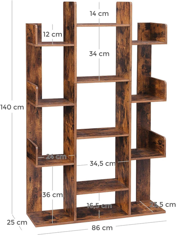 VASAGLE Biblioteca stil arbore, cu 13 rafturi de depozitare, colturi rotunjite, 86x25x140cm, maro rustic
