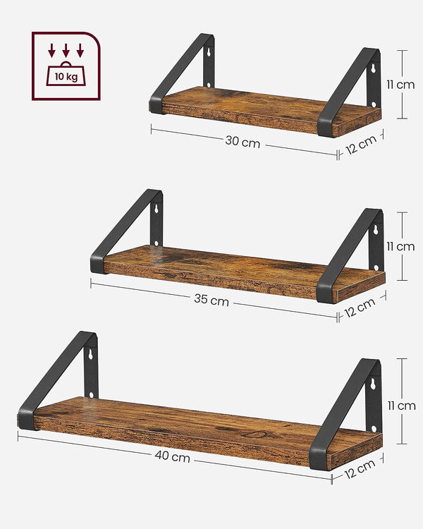 VASAGLE Raft de perete, set 3 bucati 30cm, 35cm si 40cm, 2 moduri de montare, maro rustic si negru