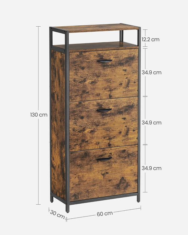 VASAGLE Dulap pentru pantofi cu 3 usi rabatabile, despartitoare interioare, pentru 15-18 perechi, 60x30x130cm, maro rusic si negru