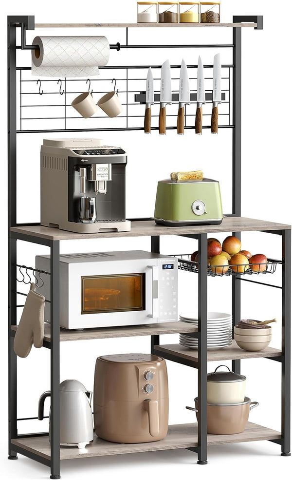 VASAGLE Raft de bucatarie cu spatiu pentru cuptorul cu microunde, banda magnetica cutite, suport role de bucatarie, 42x90x167cm, gri