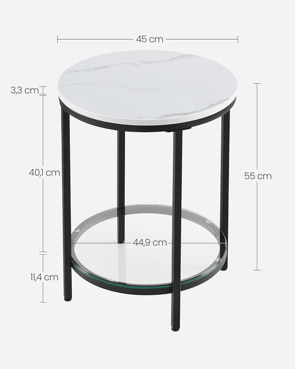 VASAGLE Masa rotunda, cu cadru de otel, noptiera, 45x55cm, negru cu blat alb aspect marmura