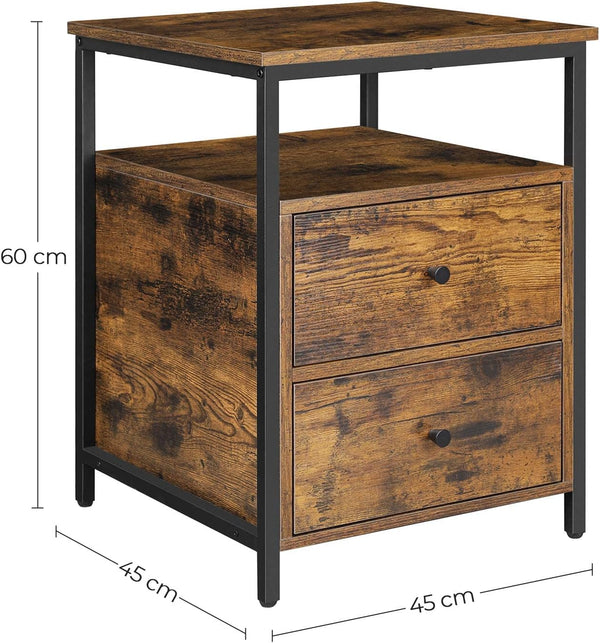 VASAGLE Noptiera cu compartiment deschis, 2 sertare, stil industrial, 45x45x60cm, maro rustic si negru