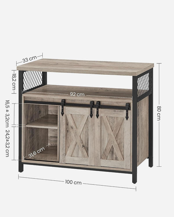 VASAGLE Comoda pentru living sau bucatarie, cu 2 usi glisante, rafturi reglabile, stil rustic, 33x100x80cm, gri