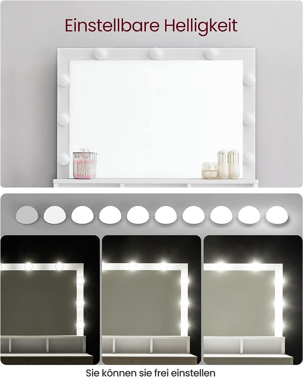 VASAGLE Masa de toaleta cu oglinda, iluminare LED, 2 sertare si 3 compartimente deschise, 80x40x140cm, modern, alb