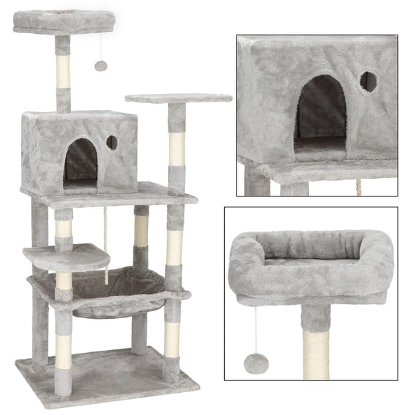 Ansamblu de joaca pentru pisici, cu loc pentru zgariat, ascuns, culcus, minge, sfoara, 145cm, gri
