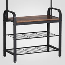 VASAGLE Cuier pentru haine, cu banc depozitare pantofi, 9 carlige detasabile, sina pentru haine, 34x77x183cm, industrial, maro rustic si negru