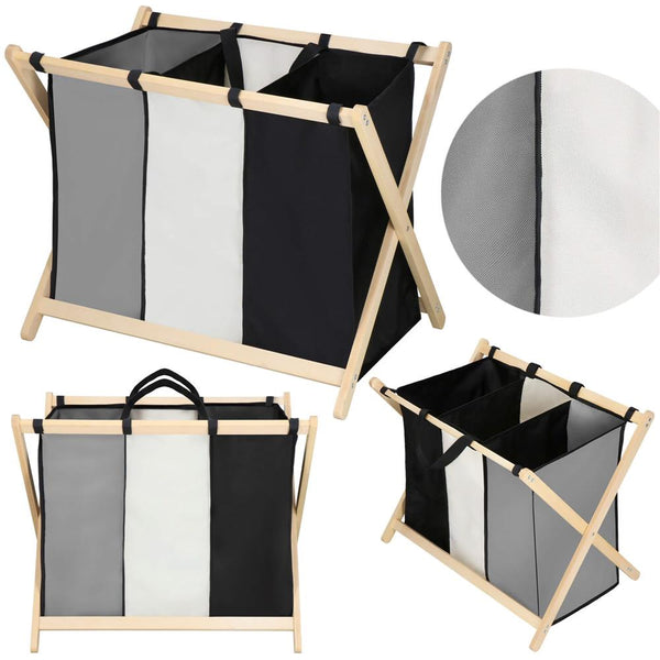 Cos de rufe cu 3 compartimente, cadru din lemn, 67x42x57 cm, 105 litri