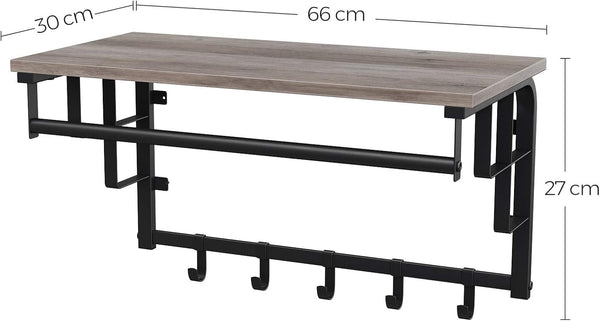 VASAGLE Cuier perete cu polita, bara si 5 carlige, 66x27x30 cm, gri