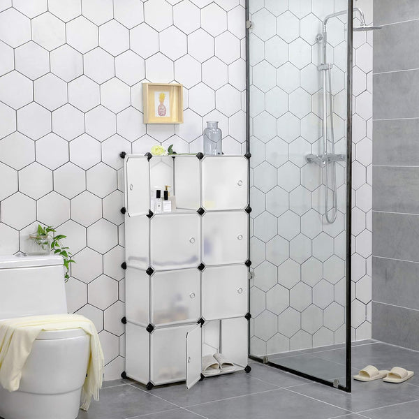 SONGMICS Organizator modular 93x31x93 cm, 9 cuburi cu usi, plastic si cadru metalic, alb