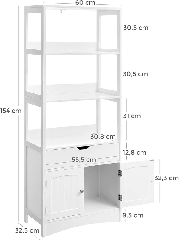 VASAGLE Dulap inalt baie cu 3 rafturi, 1 sertar si 1 dulap, din MDF, 60x33x154 cm, alb