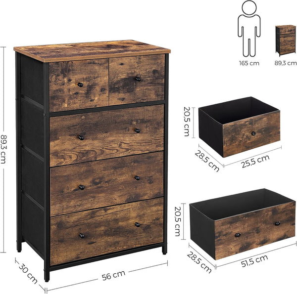 SONGMICS Comoda cu 5 sertare 56x30x89 cm, cadru metalic si blat MDF, manere lemn, maro rustic si negru